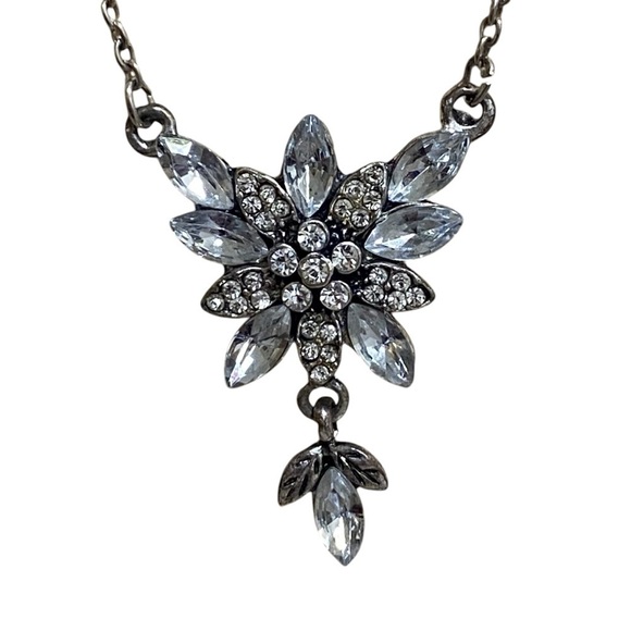 Rhinestone Crystal Floral Pendant Necklace 26" Bridal Wedding Statement - Picture 6 of 7